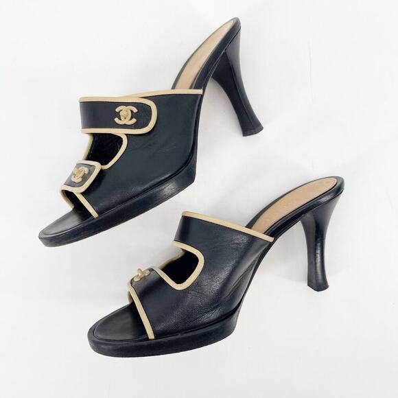 Vintage Chanel Black & Beige Leather CC Logo Slide Mule Heels size EU 36 - Picture 5 of 14